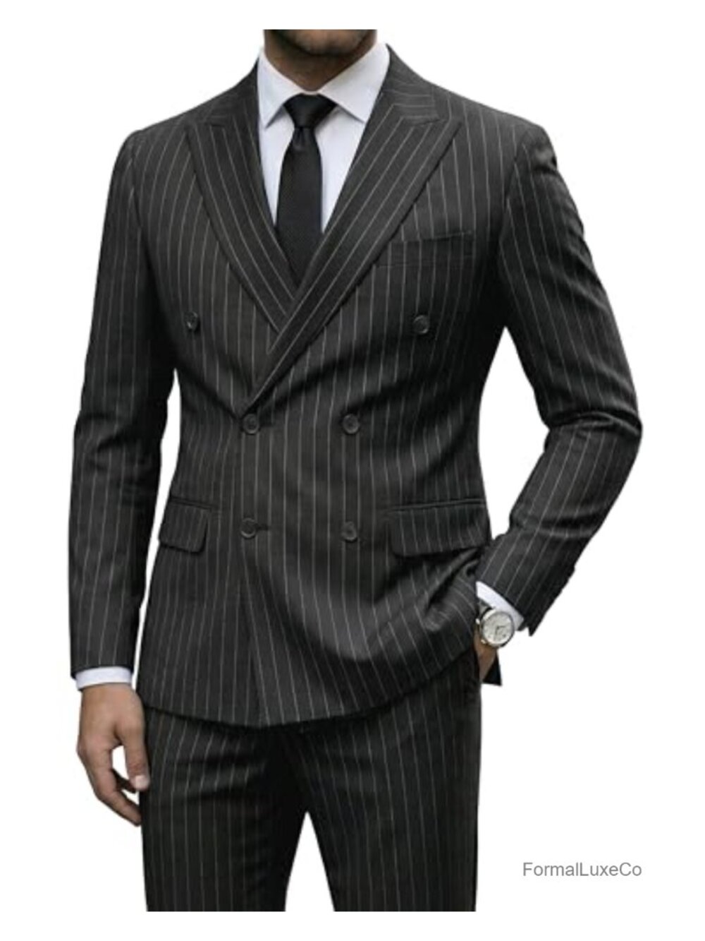 Men's Double-Breasted Stripe Suit Set with Tie Slim Fit